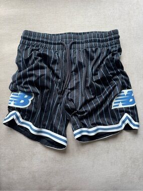 New Balance Black Athletic Shorts with Light Blue Pinstripes